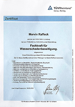 Zertifikat vom TÜV Rheinland: Fachkraft für Wasserschadenbeseitigung